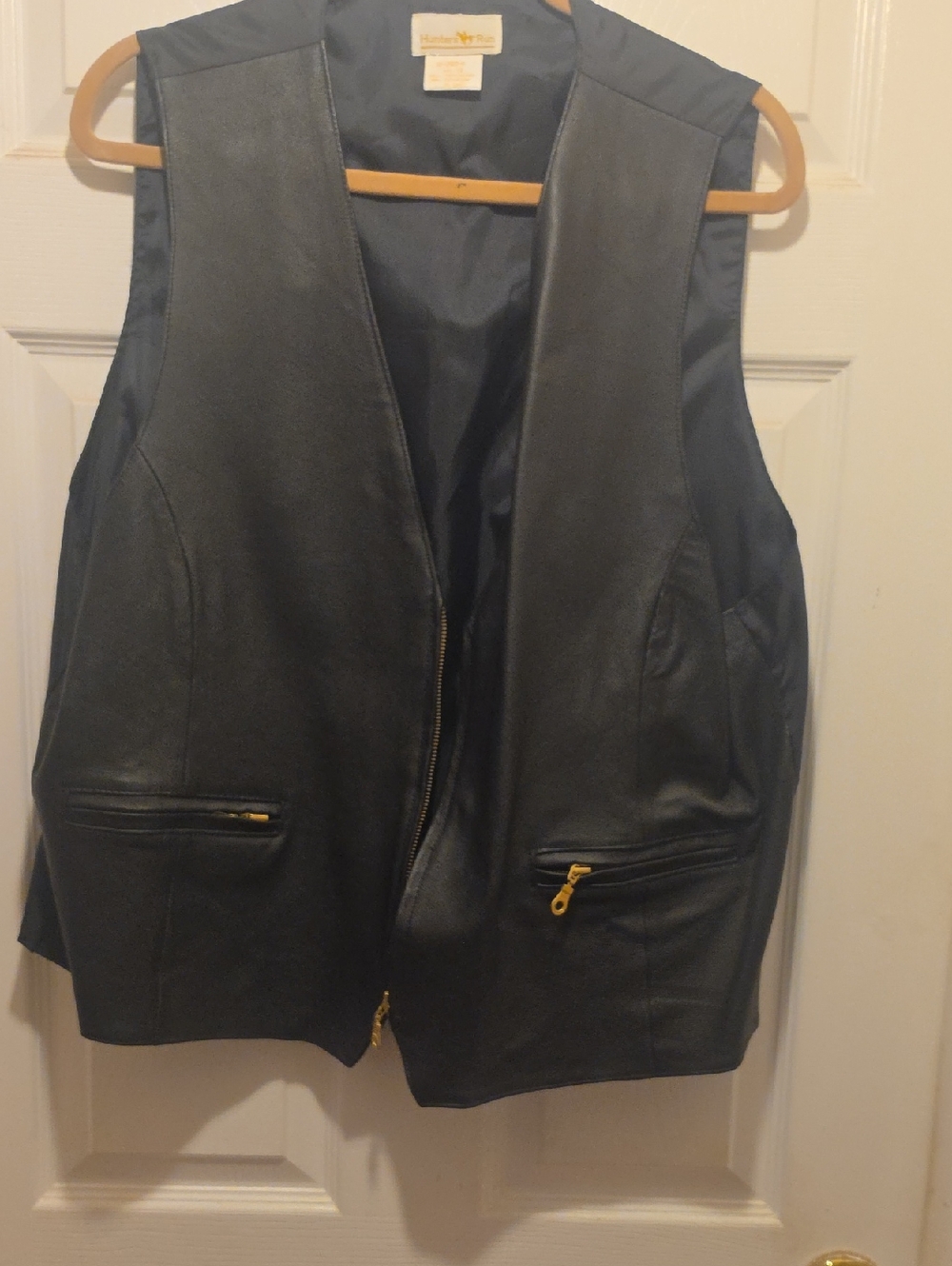 VINTAGE Hunters Run Black Leather Vest with Gold Zippers
